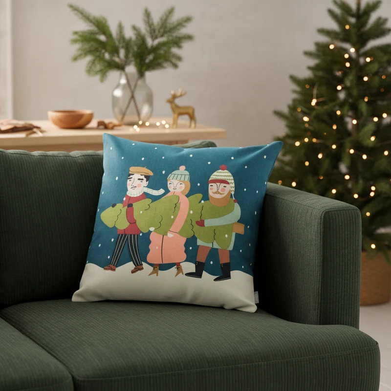 Spira Kissenbezug Granen – 50 x 50 cm Dekokissenhülle Blau im Wintermotiv mit Tannenbaum