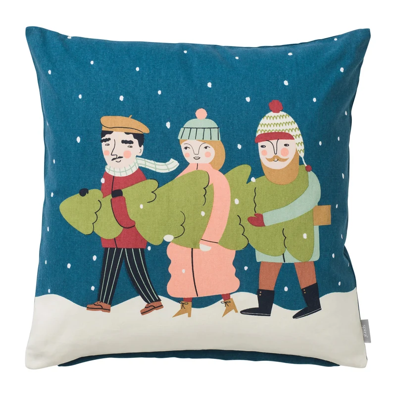 Spira Kissenbezug Granen – 50 x 50 cm Dekokissenhülle Blau im Wintermotiv mit Tannenbaum