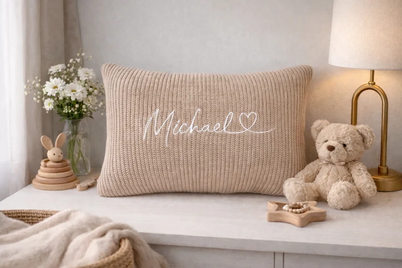 Knit pillow with a name for a child | Brown