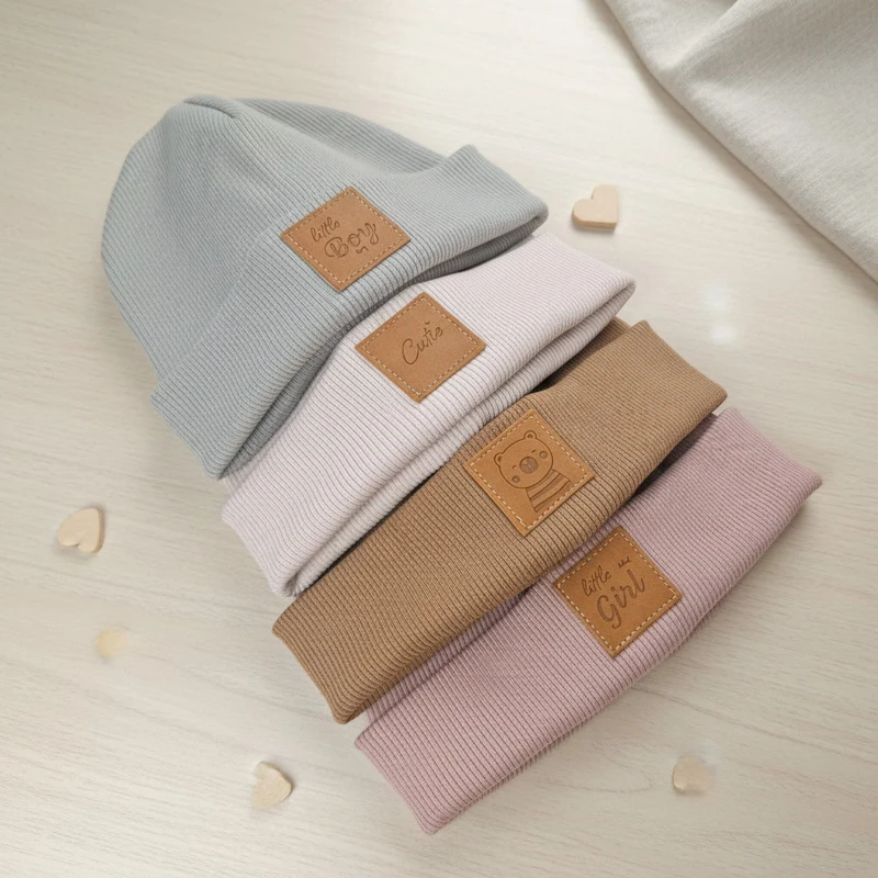 Hipster Beanie Mütze aus Rippjersey für Babys mit Kunstlederpatch