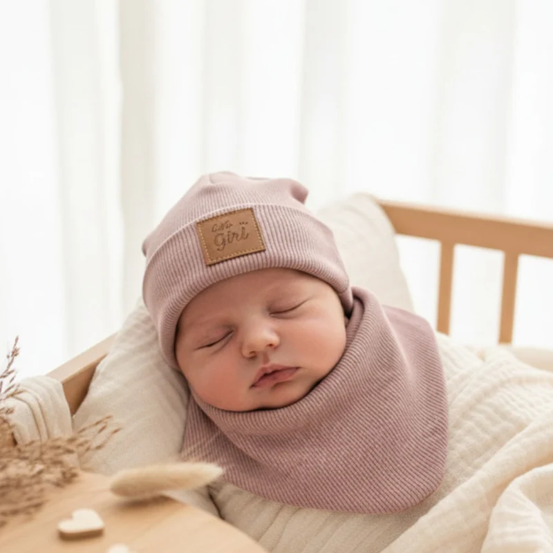 Hipster Beanie Mütze aus Rippjersey für Babys mit Kunstlederpatch