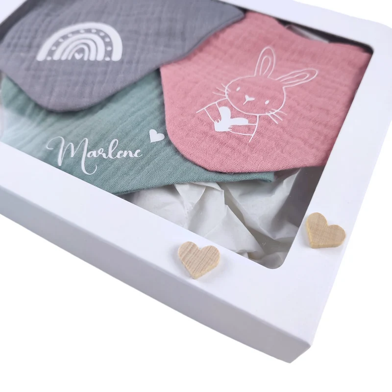 BABY GESCHENKSET "Halstücher Musselin" mit Motiv & Namen in Geschenkbox zur Geburt oder Taufe personalisiert