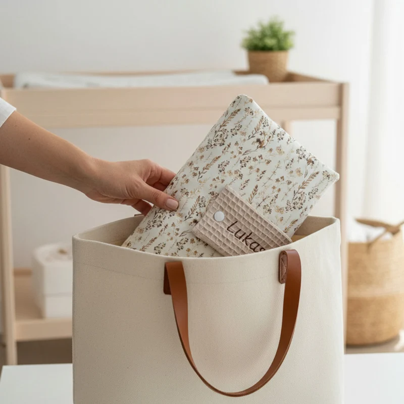 WINDELTASCHE "Gräser" beige mit Wickeldecke & Wunschnamen
