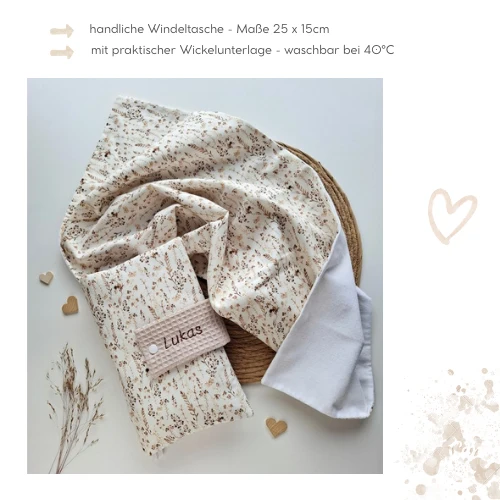 WINDELTASCHE "Gräser" beige mit Wickeldecke & Wunschnamen