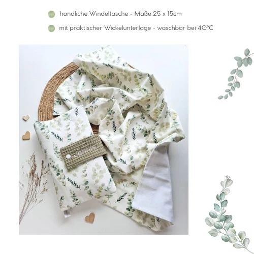 WINDELTASCHE "Eukalyptus" mit Wickeldecke & Wunschnamen
