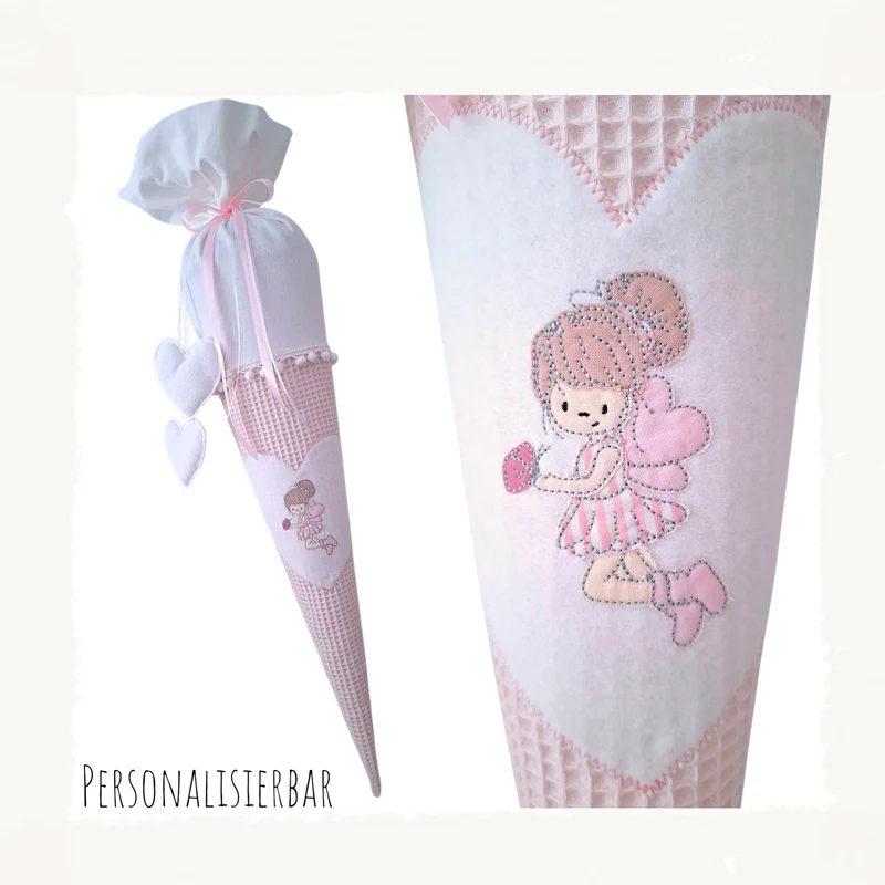 SCHULTÜTE "Kleine Elfe" personalisiert m. Namen rosa/weiß Stoff - 70 cm mit Rohling