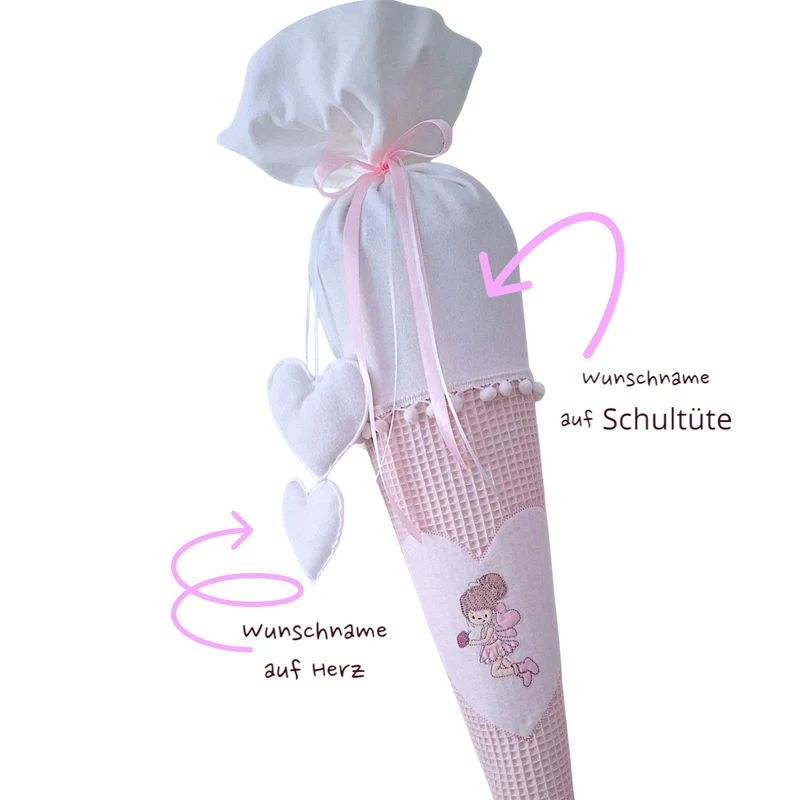 SCHULTÜTE "Kleine Elfe" personalisiert m. Namen rosa/weiß Stoff - 70 cm mit Rohling