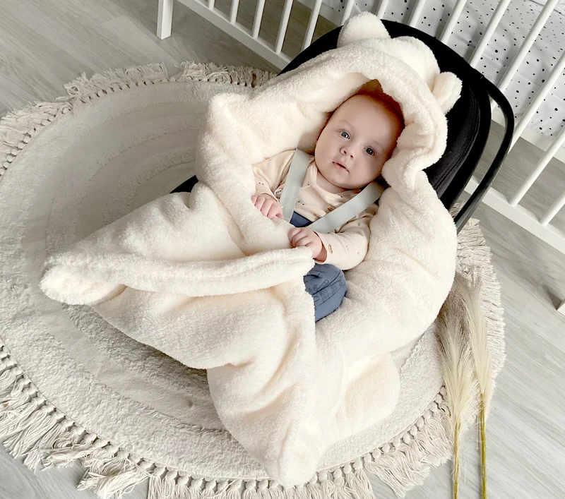 Winter blanket, swaddle for car seat carriers 3 and 5 point belt system | Ecru