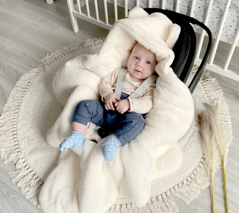 Winter blanket, swaddle for car seat carriers 3 and 5 point belt system | Ecru