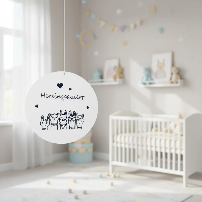 HOLZSCHILD "Hereinspaziert" mit Lama-Motiv für die Kinderzimmertür
