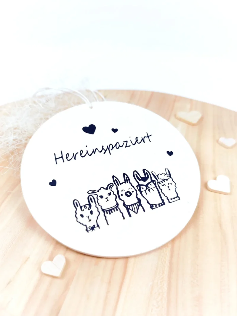 HOLZSCHILD "Hereinspaziert" mit Lama-Motiv für die Kinderzimmertür