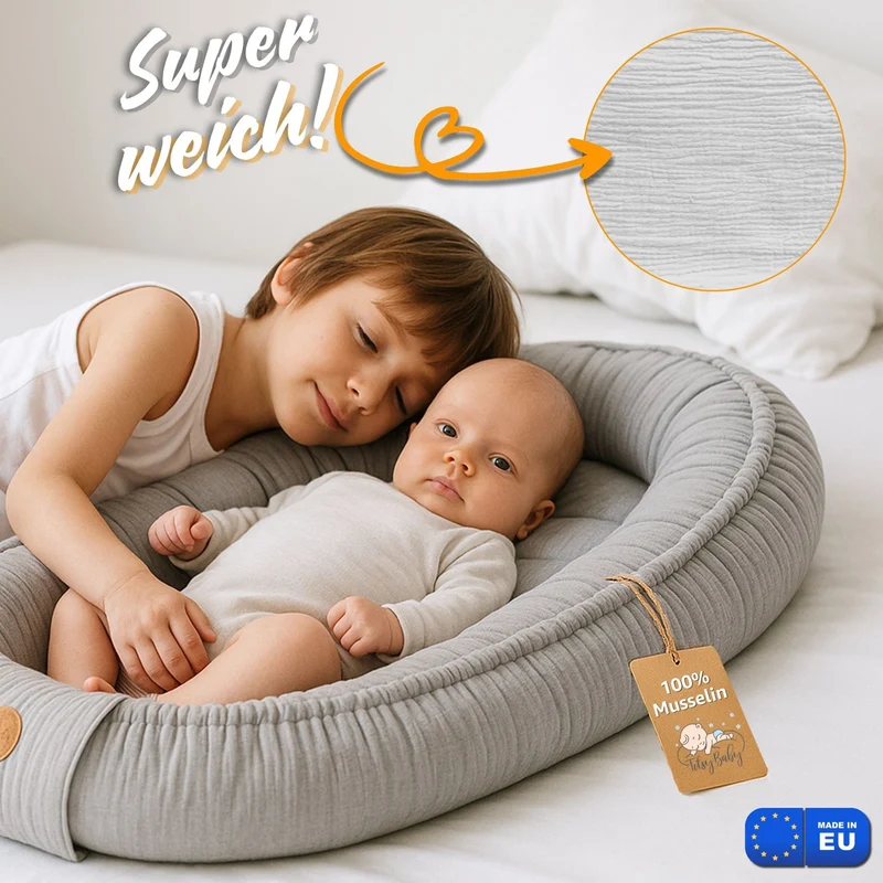 Babynest Nestchen Baby Musselin 90x50 cm - Babynestchen Neugeborene Nest für Kinder Bett und Babybett tragbar Kuschelnest Coccon für Jungen und Mädchen Baumwolle
