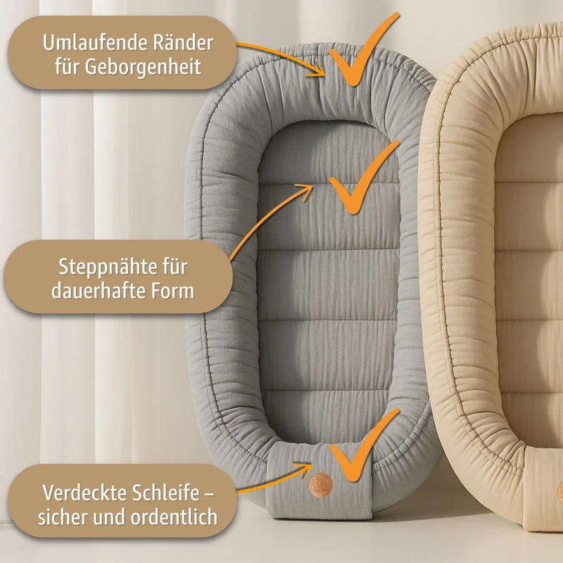 Babynest Nestchen Baby Musselin 90x50 cm - Babynestchen Neugeborene Nest für Kinder Bett und Babybett tragbar Kuschelnest Coccon für Jungen und Mädchen Baumwolle