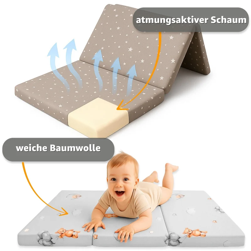 Klappmatratze faltbare Reisebett Baby Matratze 120x60 cm - Faltmatratze für Kinder Gästematratze klappbar Babymatratze Bodenmatratte Schlafmatratte und Reisematratze