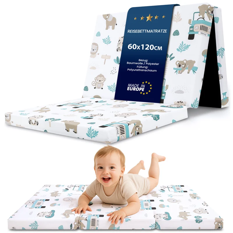 Klappmatratze faltbare Reisebett Baby Matratze 120x60 cm - Faltmatratze für Kinder Gästematratze klappbar Babymatratze Bodenmatratte Schlafmatratte und Reisematratze