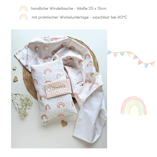 WINDELTASCHE "Regenbogen" mit Wickeldecke & Wunschnamen