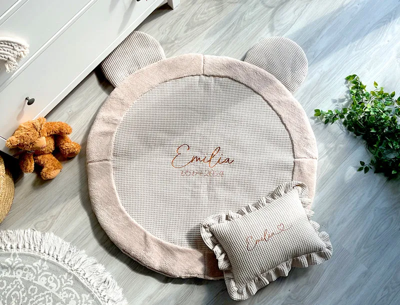 Double-sided personalized play mat | Thick play mat | Cotton crawling mat | Beige play blanket