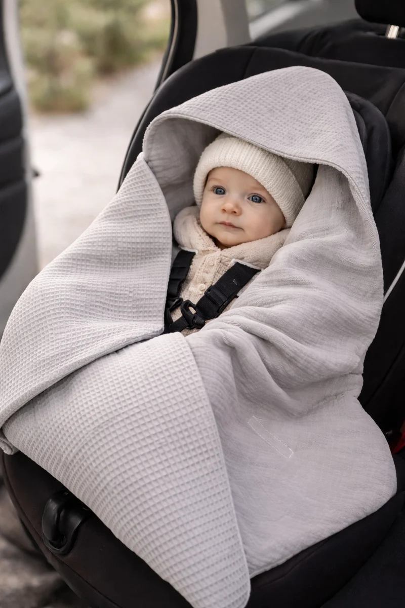 Summer baby car seat blanket | Waffle & muslin | Grey