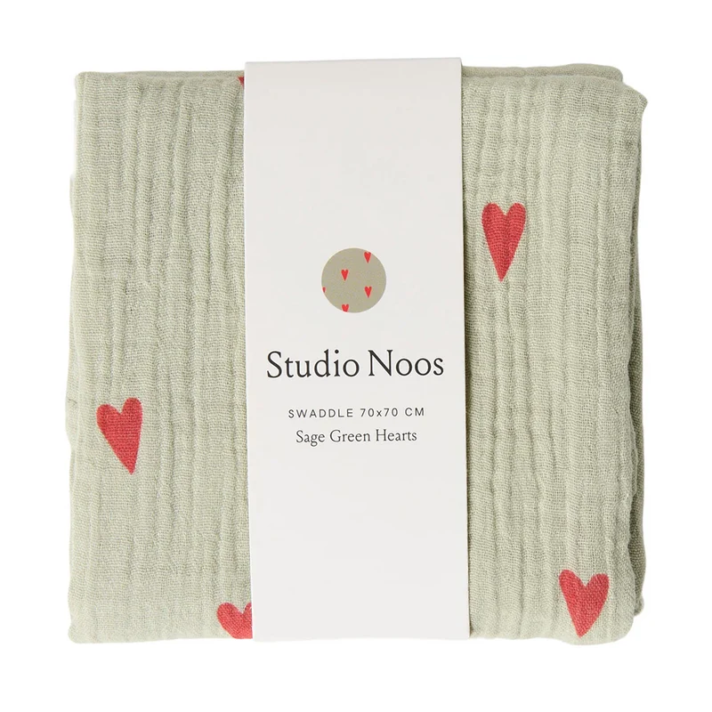 Studio Noos Swaddle 'Hearts' 120 x 120 cm Sage Green