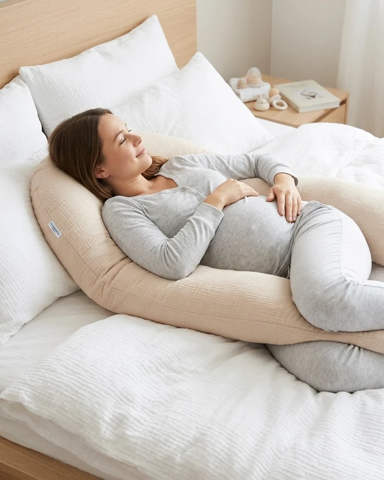 Stillkissenbezug Musselin mit Nestbau-Funktion für Theraline "Das Original" (190cm x38 cm) in Beige