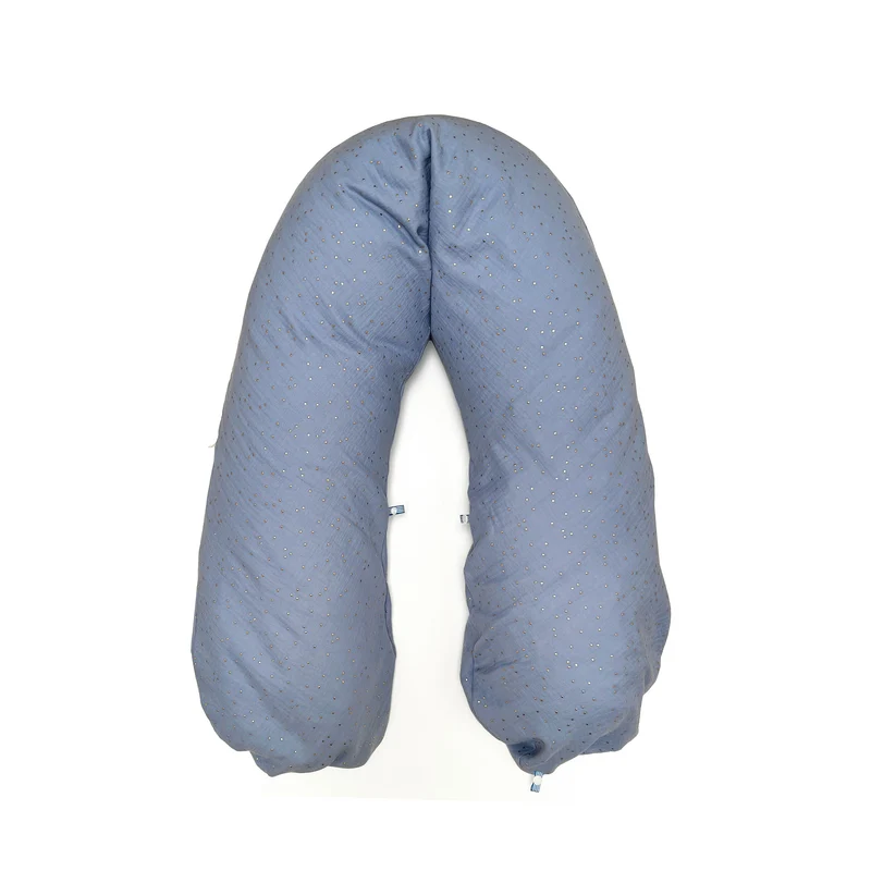 "Das Original" Theraline Stillkissen inkl. Musselin Bezug (190 cm x 38 cm) - Blau mit Gold Punkten