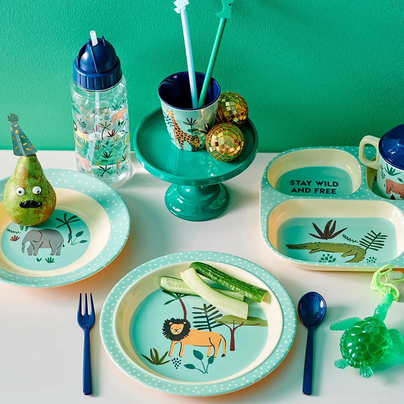 Rice Melamin Kinderteller tief 'Jungle Animals' Blau