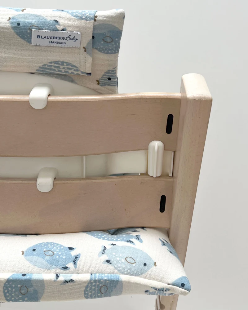 Sitzkissen Set Stokke für Tripp Trapp Hochstuhl aus 100% Musselin – für´s erste Sitzen ab 6 Monaten - Fisch Weiss Blau