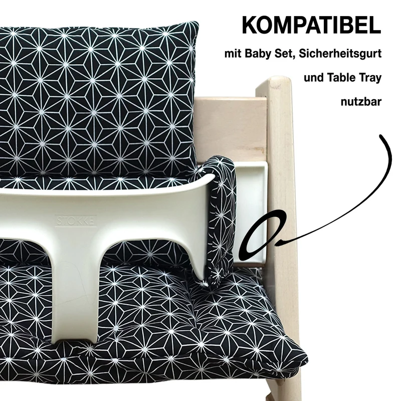 MIT NAMENS-STICKEREI - Abwaschbar Tripp Trapp Sitzkissen Happy Star Schwarz Personalisierbar