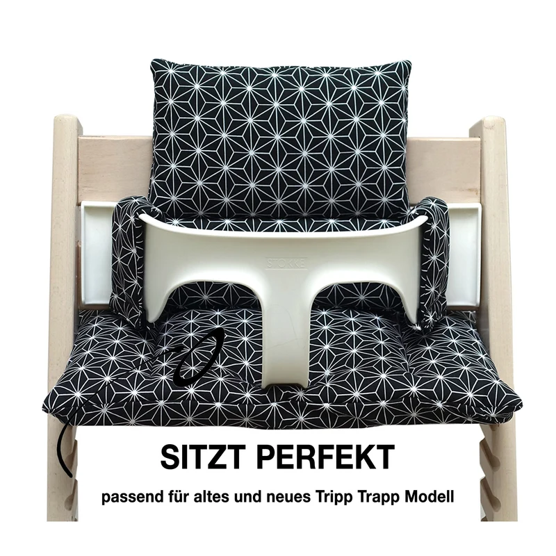 MIT NAMENS-STICKEREI - Abwaschbar Tripp Trapp Sitzkissen Happy Star Schwarz Personalisierbar
