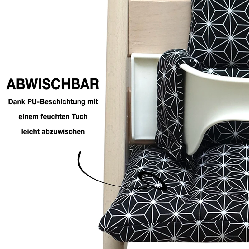 MIT NAMENS-STICKEREI - Abwaschbar Tripp Trapp Sitzkissen Happy Star Schwarz Personalisierbar