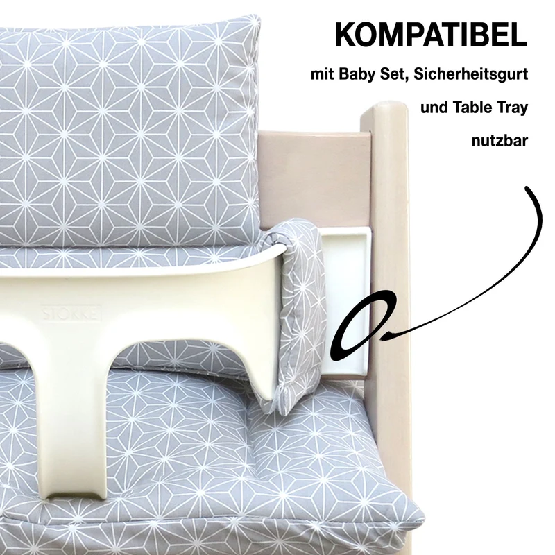 MIT NAMENS-STICKEREI - Abwaschbar Tripp Trapp Sitzkissen Happy Star Grau Personalisierbar