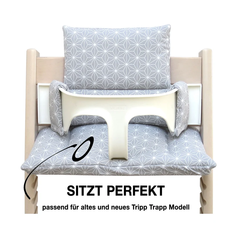 MIT NAMENS-STICKEREI - Abwaschbar Tripp Trapp Sitzkissen Happy Star Grau Personalisierbar