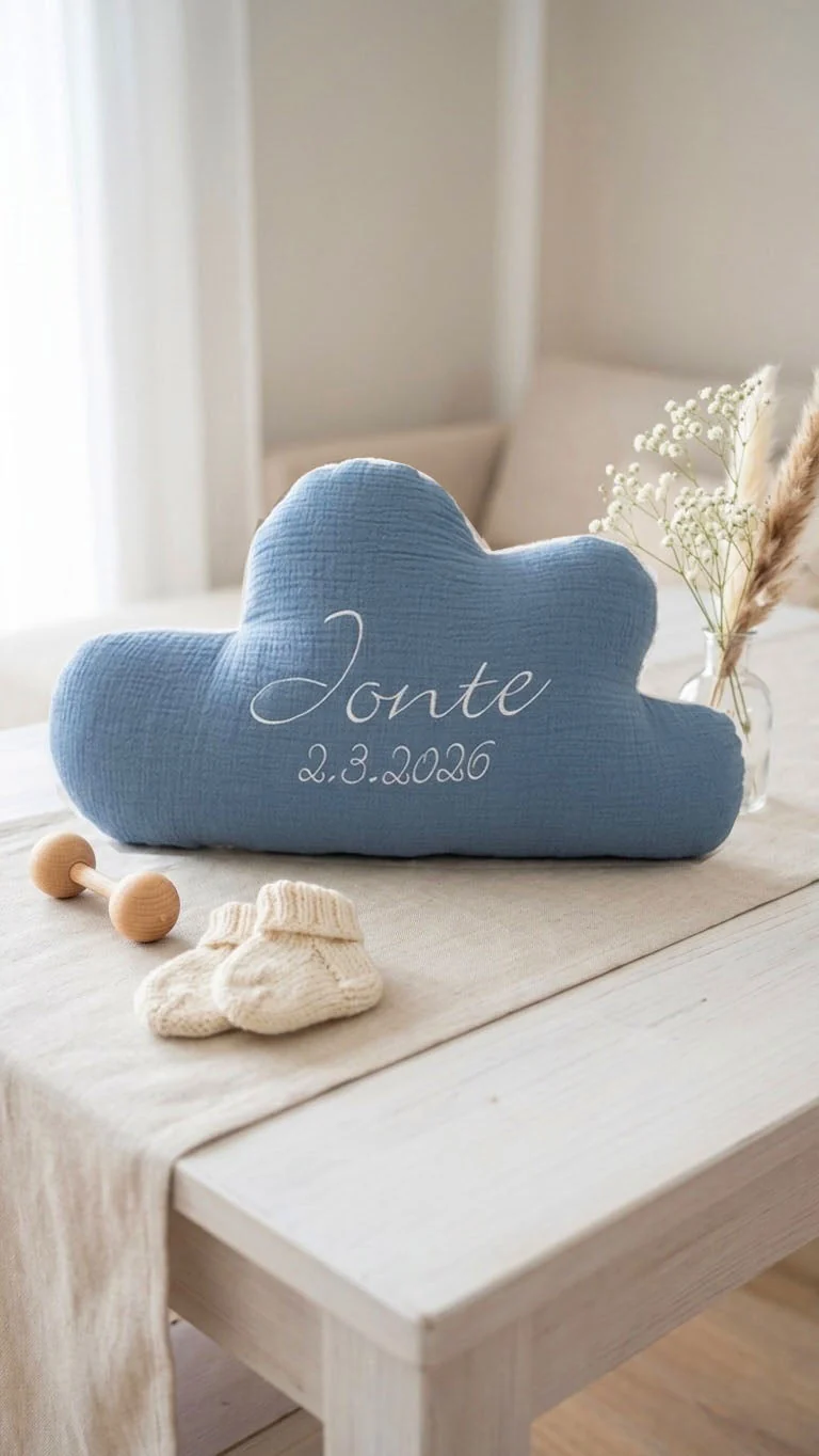 Kissen personalisiert mit Namen Baby - Musselin Kornblumenblau
