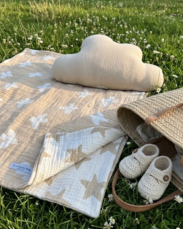 Musselin Decke 4-lagig aus Baumwolle, Oeko-Tex – Weiche Wendedecke, Sommerdecke Krabbeldecke für Babys, Kinder & Erwachsene Tauben Sterne Beige