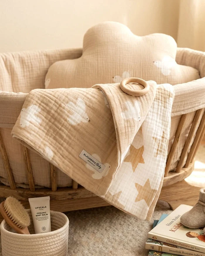 Musselin Decke 4-lagig aus Baumwolle, Oeko-Tex – Weiche Wendedecke, Sommerdecke Krabbeldecke für Babys, Kinder & Erwachsene Tauben Sterne Beige