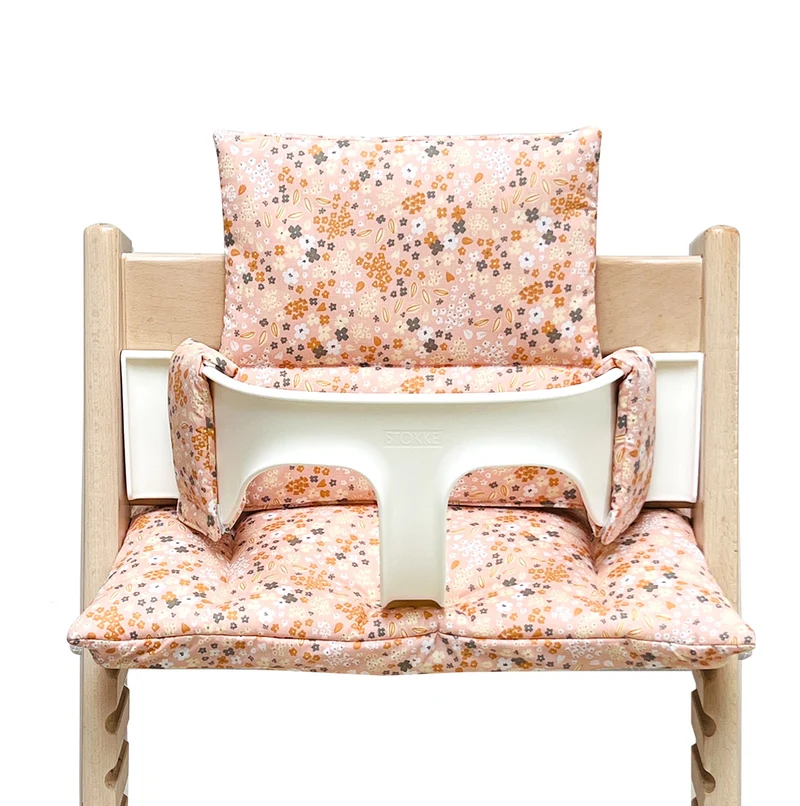 Sitzkissen Set für Stokke Tripp Trapp® ABWASCHBAR - Lachs Rosa Apricot Blumen Blätter