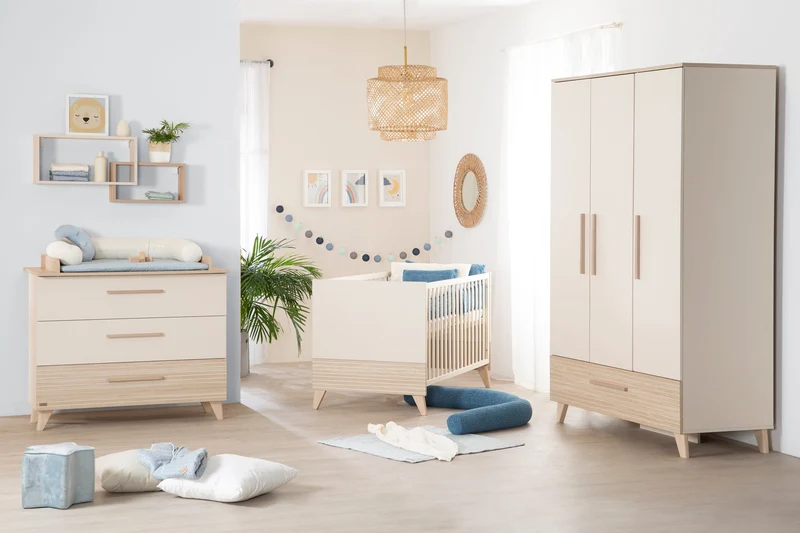 Kinderzimmer Set 3-teilig Sidney - Kinderbett 70 x 140 cm umbaubar + Wickelkommode mit 3 Schubladen + Kinderkleiderschrank - Griffe & Füße aus Massivholz - Cashmere / Eiche