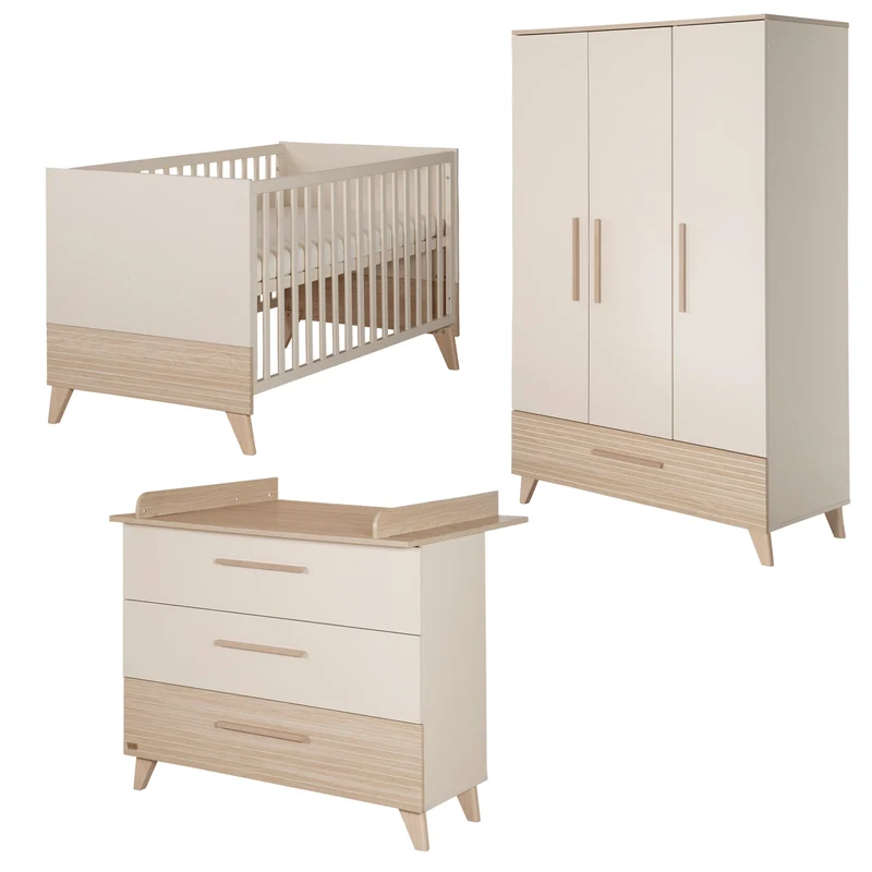 Kinderzimmer Set 3-teilig Sidney - Kinderbett 70 x 140 cm umbaubar + Wickelkommode mit 3 Schubladen + Kinderkleiderschrank - Griffe & Füße aus Massivholz - Cashmere / Eiche