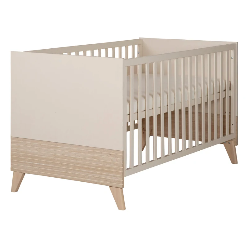 Kinderzimmer Set 3-teilig Sidney - Kinderbett 70 x 140 cm umbaubar + Wickelkommode mit 3 Schubladen + Kinderkleiderschrank - Griffe & Füße aus Massivholz - Cashmere / Eiche