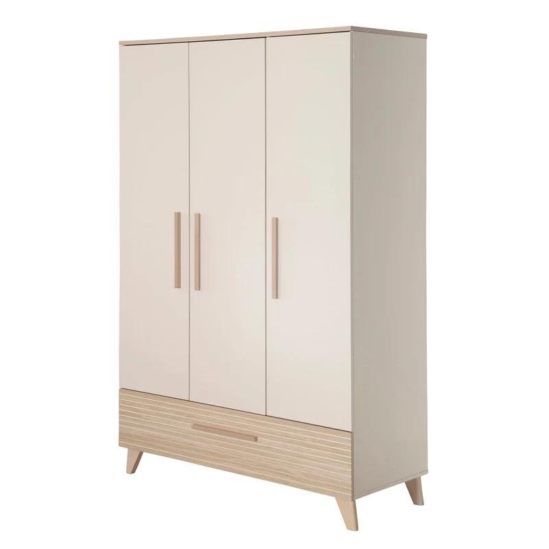 Kinderzimmer Set 3-teilig Sidney - Kinderbett 70 x 140 cm umbaubar + Wickelkommode mit 3 Schubladen + Kinderkleiderschrank - Griffe & Füße aus Massivholz - Cashmere / Eiche