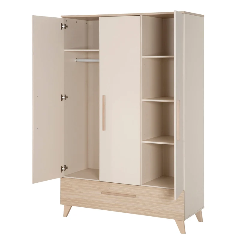 Kinderzimmer Set 3-teilig Sidney - Kinderbett 70 x 140 cm umbaubar + Wickelkommode mit 3 Schubladen + Kinderkleiderschrank - Griffe & Füße aus Massivholz - Cashmere / Eiche