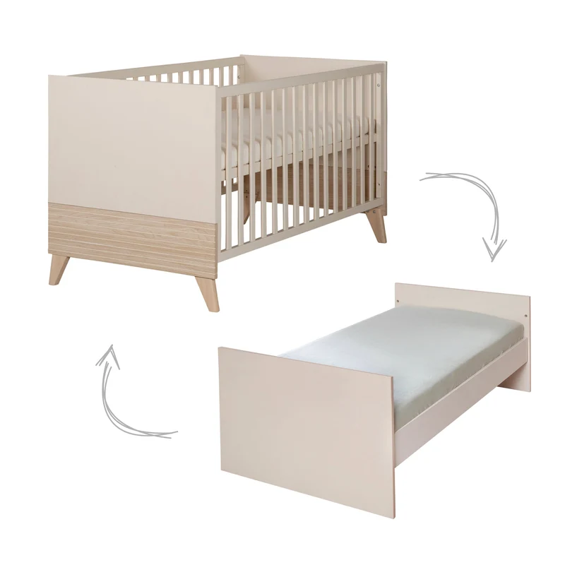 Kinderzimmer Set 3-teilig Sidney - Kinderbett 70 x 140 cm umbaubar + Wickelkommode mit 3 Schubladen + Kinderkleiderschrank - Griffe & Füße aus Massivholz - Cashmere / Eiche