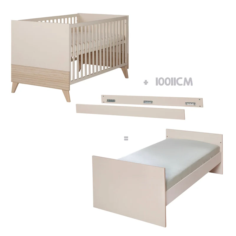 Kinderzimmer Set 3-teilig Sidney - Kinderbett 70 x 140 cm umbaubar + Wickelkommode mit 3 Schubladen + Kinderkleiderschrank - Griffe & Füße aus Massivholz - Cashmere / Eiche