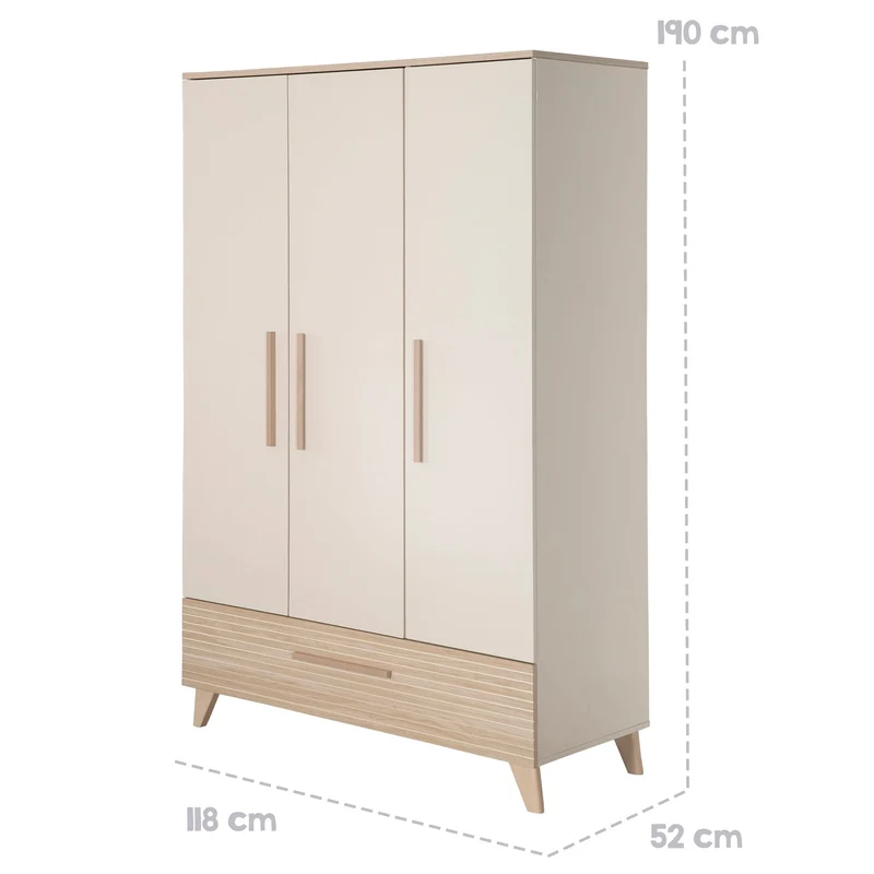 Kinderzimmer Set 3-teilig Sidney - Kinderbett 70 x 140 cm umbaubar + Wickelkommode mit 3 Schubladen + Kinderkleiderschrank - Griffe & Füße aus Massivholz - Cashmere / Eiche