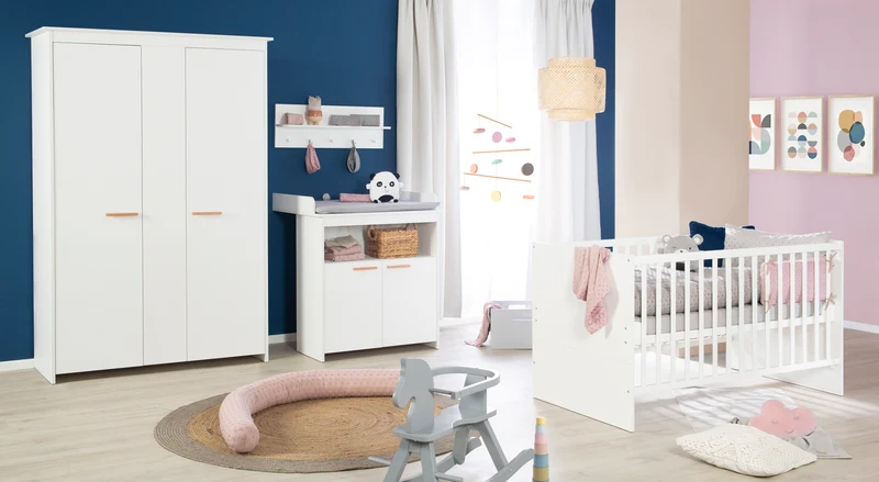 Kinderzimmerset Anton - umbaubares Baby-/Kinderbett / Wickelkommode 2-türig / Kleiderschrank 2,5-türig - in Weiß
