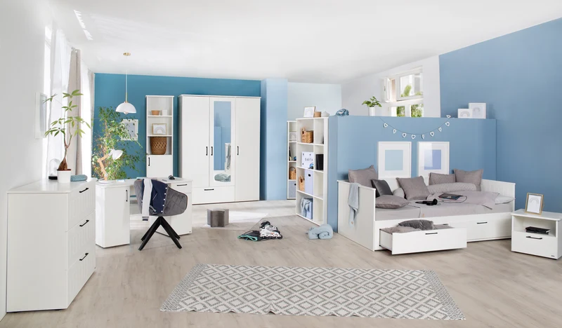 Jugendzimmerset Sylt 5-tlg - Tagesbett / Schreibtisch / 3-türigen Kleiderschrank mit Spiegeltür / Kommode mit 3 Schubladen / Nachttisch - in Weiß