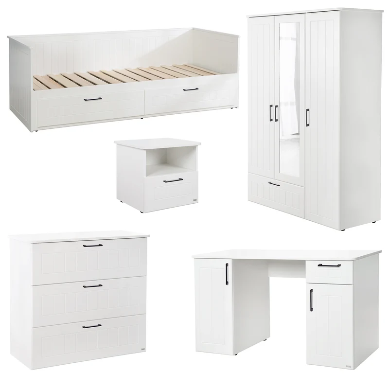 Jugendzimmerset Sylt 5-tlg - Tagesbett / Schreibtisch / 3-türigen Kleiderschrank mit Spiegeltür / Kommode mit 3 Schubladen / Nachttisch - in Weiß