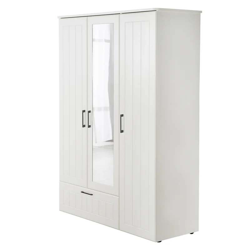 Jugendzimmerset Sylt 5-tlg - Tagesbett / Schreibtisch / 3-türigen Kleiderschrank mit Spiegeltür / Kommode mit 3 Schubladen / Nachttisch - in Weiß
