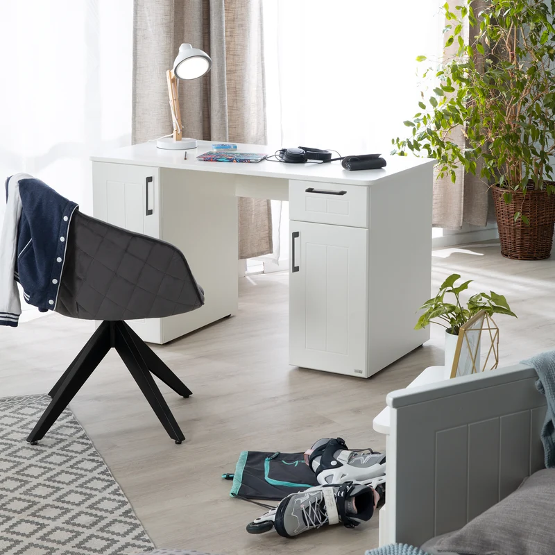 Jugendzimmerset Sylt 5-tlg - Tagesbett / Schreibtisch / 3-türigen Kleiderschrank mit Spiegeltür / Kommode mit 3 Schubladen / Nachttisch - in Weiß