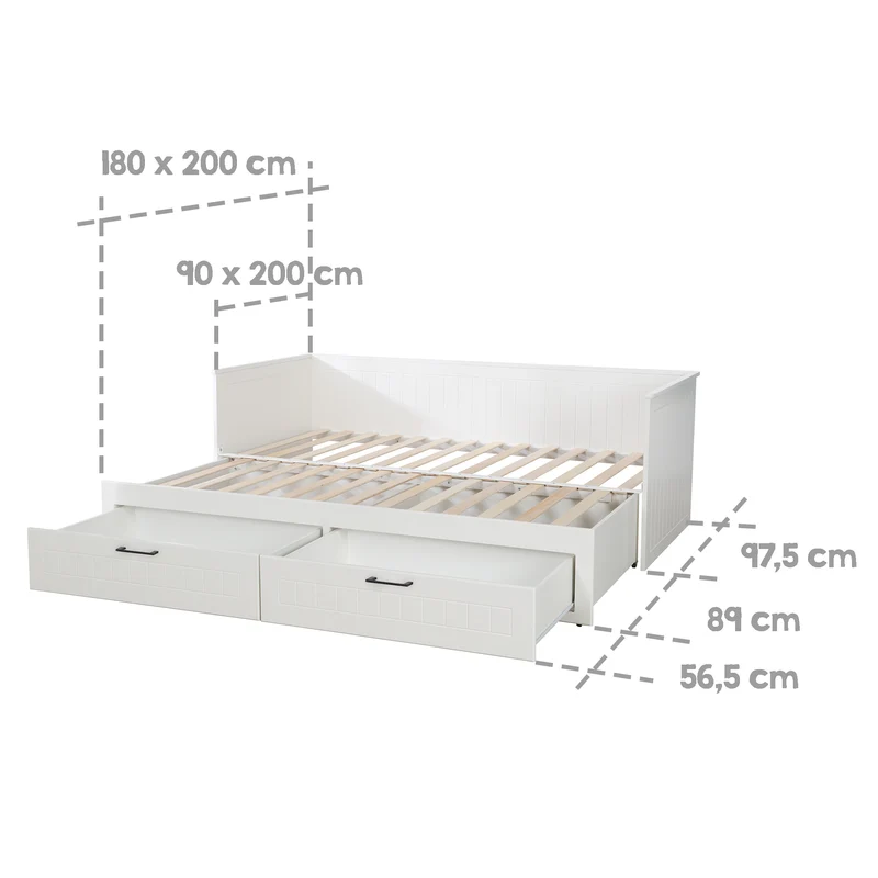 Jugendzimmerset Sylt 5-tlg - Tagesbett / Schreibtisch / 3-türigen Kleiderschrank mit Spiegeltür / Kommode mit 3 Schubladen / Nachttisch - in Weiß